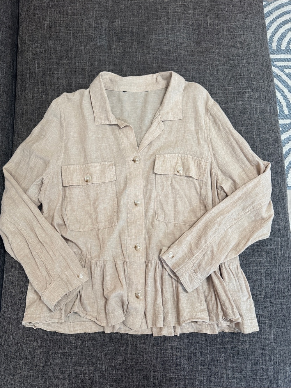 Linen Blend Peplum Button Front Utility Blouse Beige Oatmeal Large